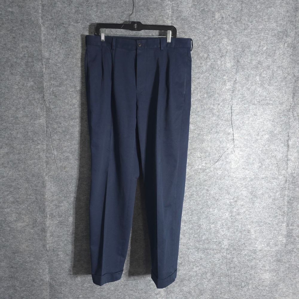 Brooks Brothers Advantage Chino Pants Mens 35x30 Navy Blue Pleated Cotton Solid